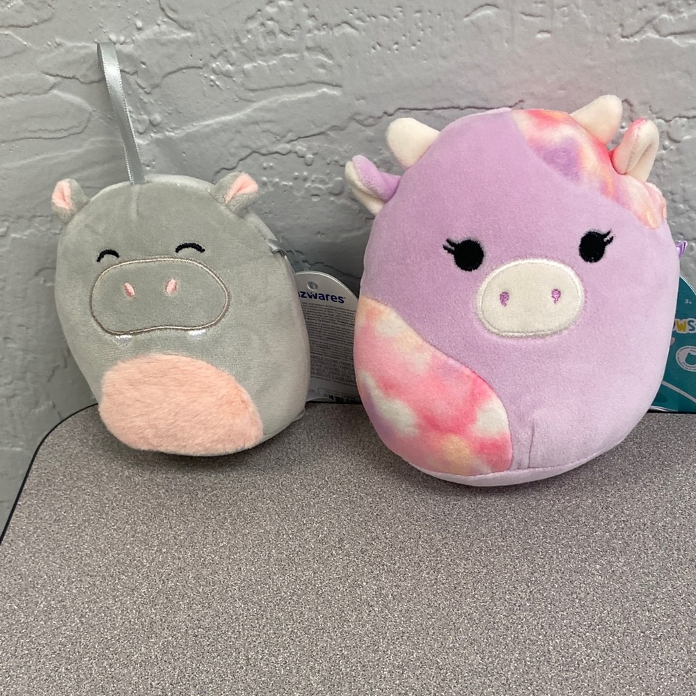 Squishmallows Gray and Pink Hippo & Purple Tie-Dye Cow Plush Set